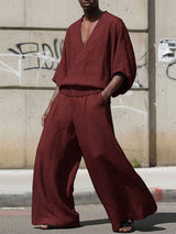 Men's Solid Color Textured V Neck Two Pieces Outfit SKUL54000