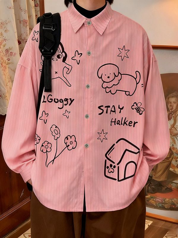 Men's Hand Drawn Cartoon Print Long Sleeve Shirt SKUL48771