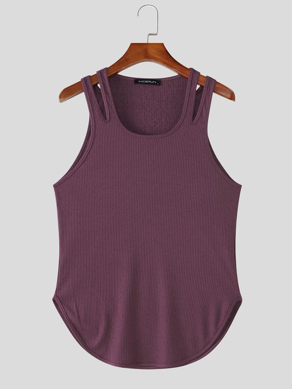 Men's Avant-Garde Double-Strap Shoulder Cutout Slim Fitted Curved Hem Tank SKUL73524