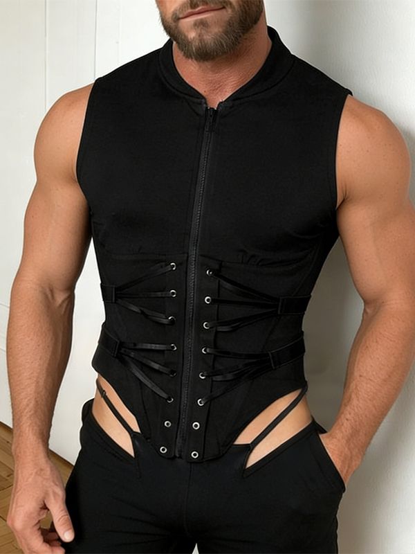 Men's Avant-Garde Deconstructed Corset-Lacing Zippered Utility Tank SKUL69065