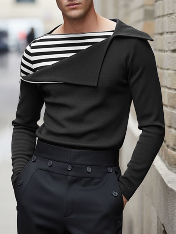 Men's Shoulder Zipper Design Stripe Patchwork Long Sleeve T-shirt SKUL43742