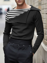 Men's Shoulder Zipper Design Stripe Patchwork Long Sleeve T-shirt SKUL43742