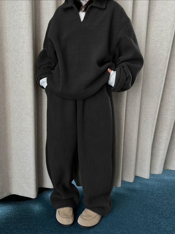 Men's Solid Color Fleece Loose Two Pieces Outfit SKUL38052