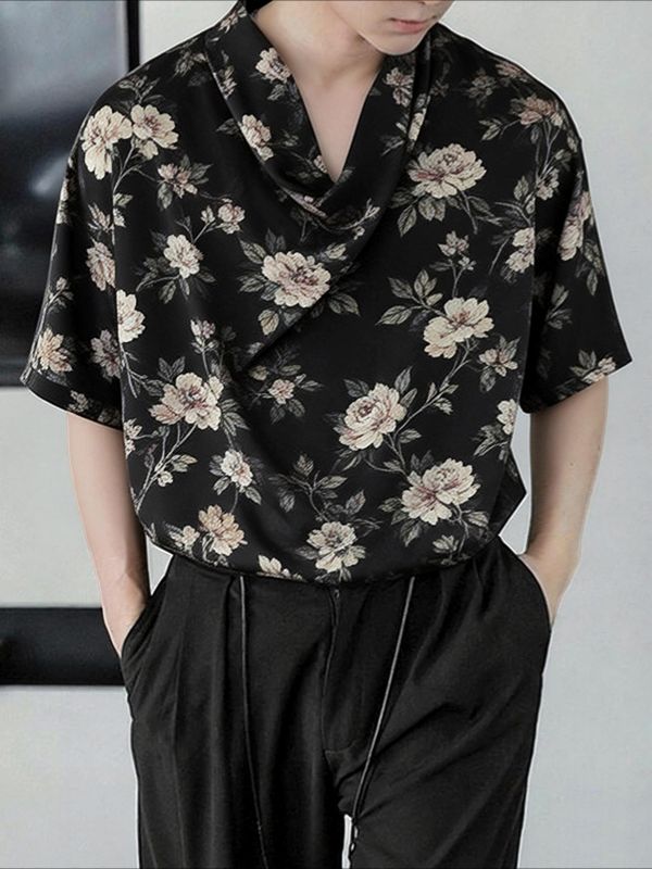 Men's Floral Print Draped Cowl Neck Relaxed Fit Short Sleeve Shirt SKUL61180