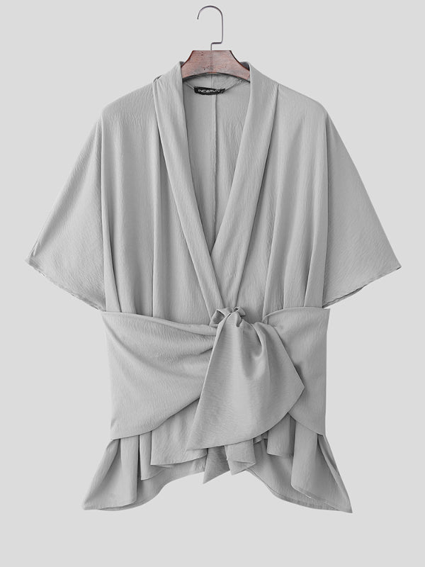 Men's Asymmetrical Placket Tie Short Sleeve Cardigan SKUL24951