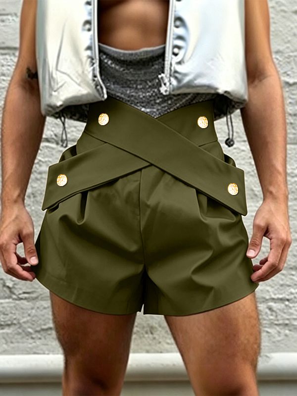 Men's Avant-Garde High-Waisted Crossover Waistband Decorative Gold Button Short SKUL63831