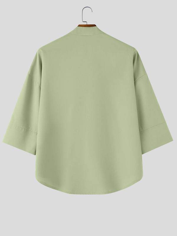 Men's Avant-Garde Zen Deep V-Neck Paneled Boxy Shirt SKUL63976