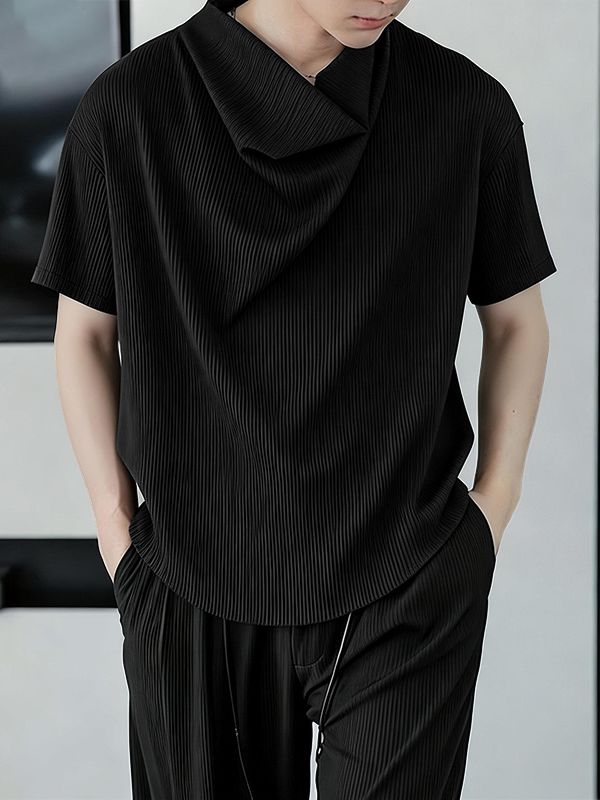 Men's Avant Garde Textured Draped Neck Short Sleeve Shirt SKUL61004