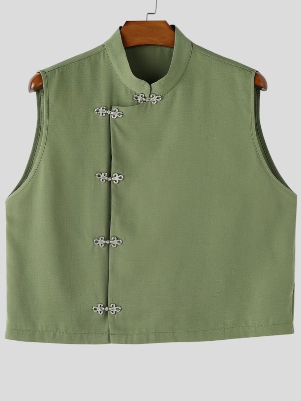 Men's New Chinese Style Side Frog Button Stand Collar Cropped Shirt SKUL60982