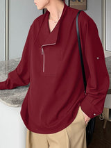 Men's Solid Color Slanted Zip Long Sleeve Shirt SKUL41387