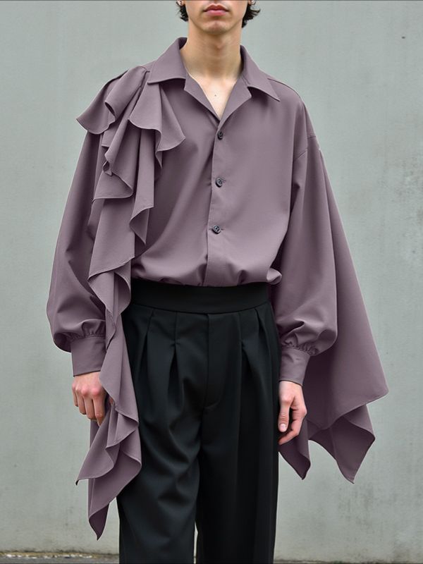 Men's Ruffle Patchwork Loose Long Sleeve Shirt SKUL35033