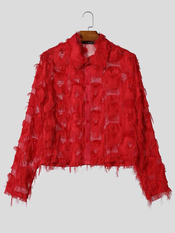 Men's Nightclub Party Semi-Sheer Fringe Button-Up Long Sleeve Shirt SKUL76467