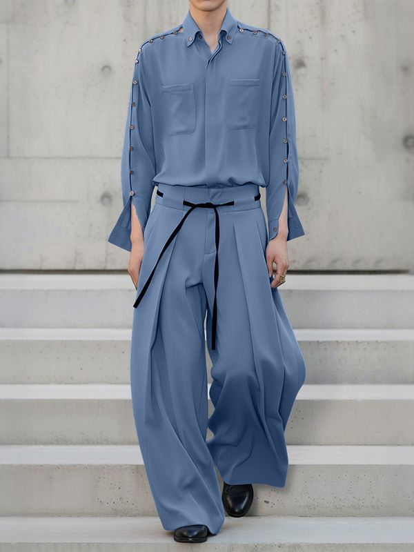 Men's Solid Color Button Two Pieces Outfit SKUL36610