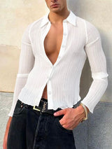 Men's Wrinkled Textured Sheer Long Sleeve Shirt SKUL41763