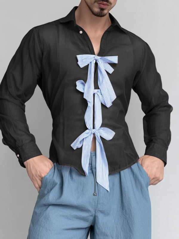 Men's Striped Lace-Up Patchwork Sheer Chiffon Long Sleeve Shirt SKUL23734