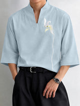 [Pre-order] Men's Neo-Chinese Chic Tea Gathering Botanical Branch Half Sleeve Shirt SKUL88415