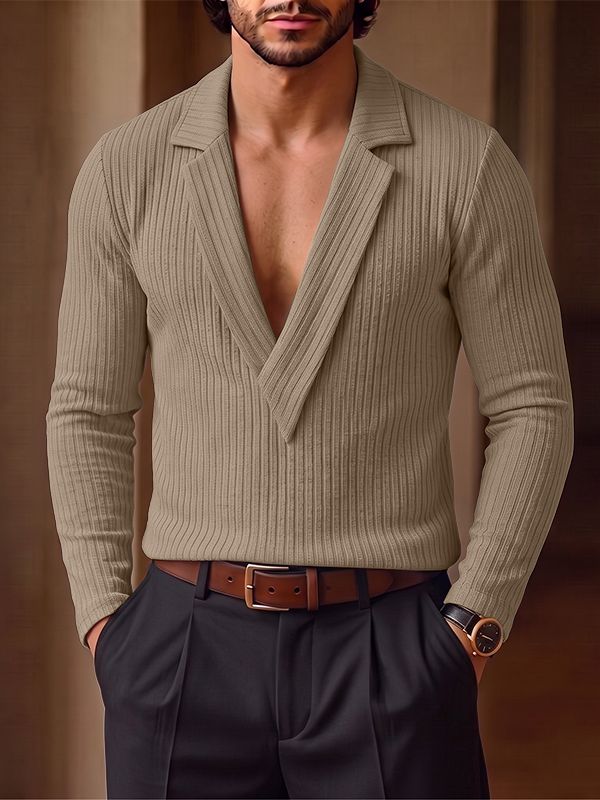 Men's Smart-Casual Ribbed Knit Plunging V-Neck Lapel Long Sleeve Shirt SKUL78979
