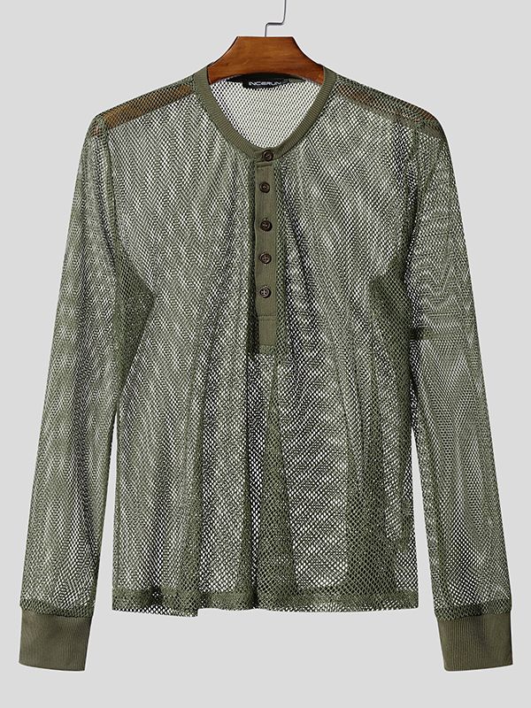 Men's Sheer Mesh Half Placket Long Sleeve T-shirt SKUL48015