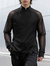 Men's Sheer Mesh Patchwork Frog Button Long Sleeve Shirt SKUL54548