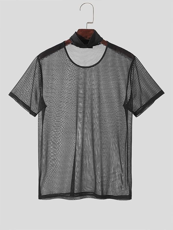 Mens Sheer Striped Turtleneck Short Sleeve T-Shirt SKUK63275