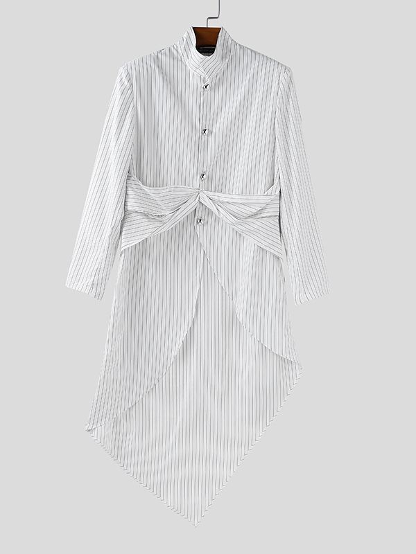 Men's Striped Long Hem Large Button Long Sleeve Blazer SKUL37513