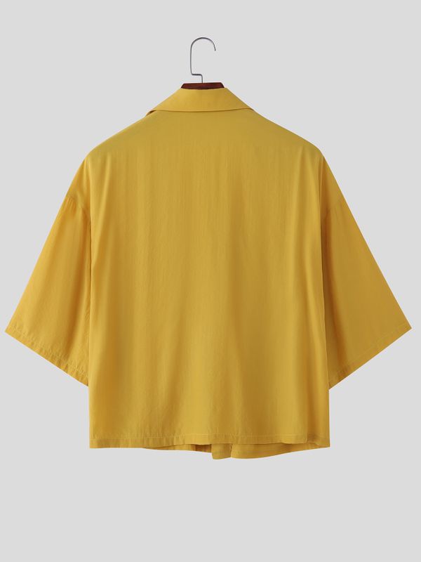 Men's Modern Chinese Kung Fu Aesthetic Frog Button Wide Half Sleeve Shirt SKUL57690