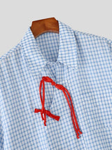 Men's Trendy New Chinese Style Gingham Plaid Contrast Frog Button Cropped Shirt SKUL60807