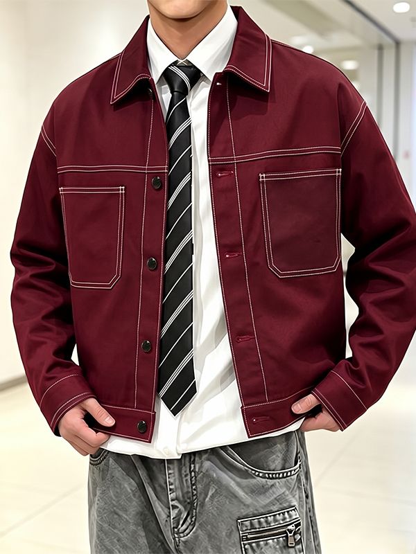 Men's Workwear Streetwear City Walk Contrast White Stitching Lapel Cropped Jacket SKUL84788