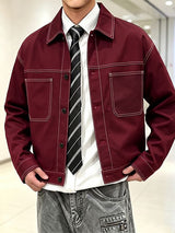 Men's Workwear Streetwear City Walk Contrast White Stitching Lapel Cropped Jacket SKUL84788