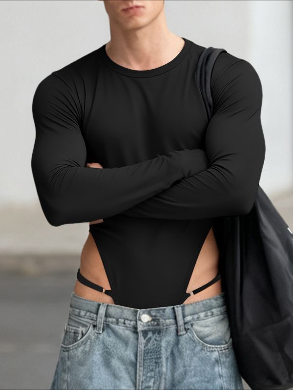 Men's Solid Color Crew Neck Long Sleeve Bodysuit SKUL38912