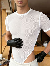 Men's Avant-Garde Sheer Fishnet High-Cut V-Hem Bodysuit SKUL62119