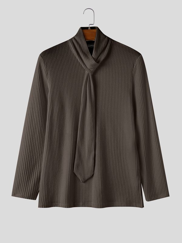 Men's Early Autumn High Street Ribbed Knit Built-in Scarf Long Sleeve Tie Neck Pullover SKUL79682