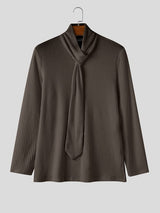 Men's Early Autumn High Street Ribbed Knit Built-in Scarf Long Sleeve Tie Neck Pullover SKUL79682