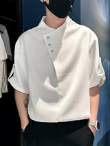 Men's Avant-Garde Neo-Chinese Asymmetric Drape-Collar Drop-Shoulder Roll-Up Sleeve Shirt SKUL75818
