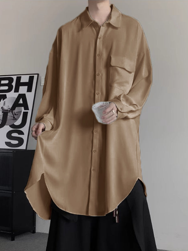 Mens Solid Irregular Hem Long Sleeve Shirt SKUK49426