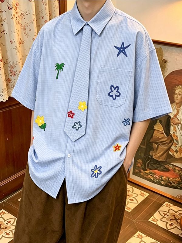 Men's Japanese Harajuku Style Playful Floral Print Plaid Shirt SKUL70205