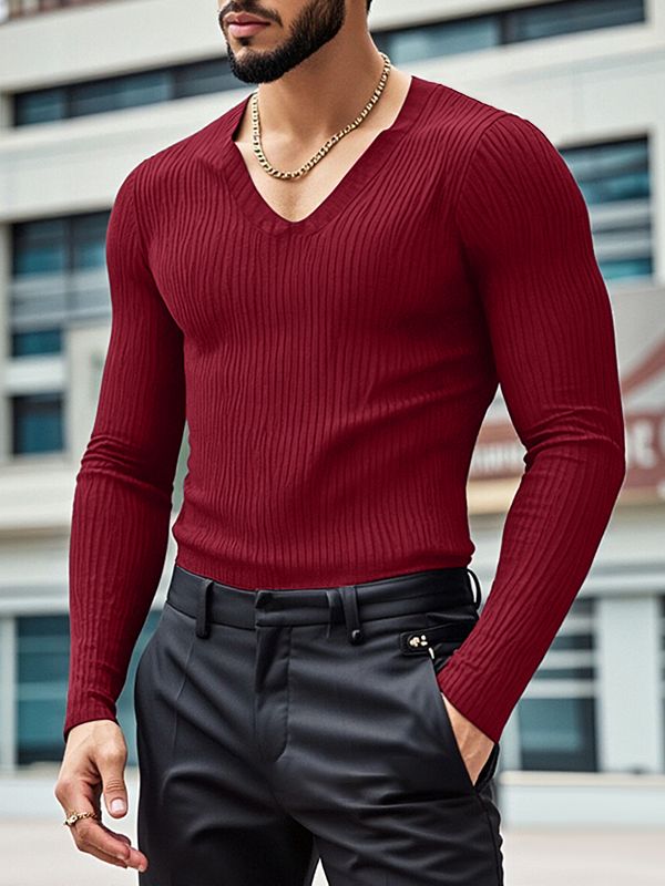 Men's Solid Color Textured V Neck Long Sleeve T-shirt SKUL47617