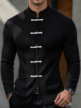 [Pre-order] Men's Neo-Chinese Chic Evening Date Contrast Frog Button Ribbed Long Sleeve T-shirt SKUL88537
