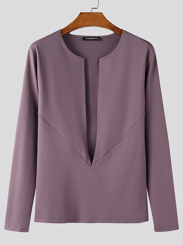 Men's Cutout V Neck Long Sleeve T-shirt SKUL45196