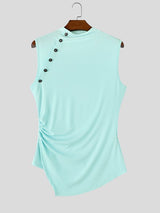 Men's Avant-Garde Asymmetric Slant Button High Neck Crinkled Ruched Tank SKUL67997