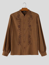 Men's Retro Early Autumn Floral Embroidered Puff Long Sleeve Stand Collar Shirt SKUL79744