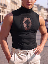 Men's Sexy Party Gothic Cross Lace Mesh Cutout Muscle Slim Sleeveless Mock Neck Tank SKUL78985