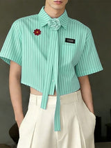 Men's 3D Floral Necktie Cropped Pinstripe Short Sleeve Shirt SKUL55375