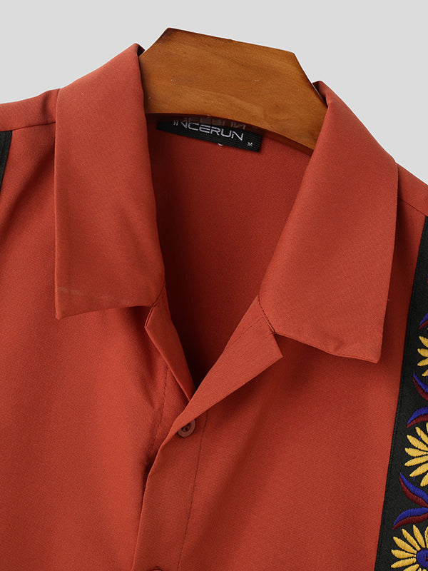 Mens Floral Print Patchwork Cropped Short Sleeve Shirt SKUL07819