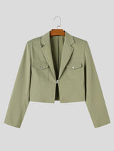 Men's Clean-Fit Minimalist City Walk Notch Lapel Metal Buckle Flap Pocket Cropped Blazer SKUL85231