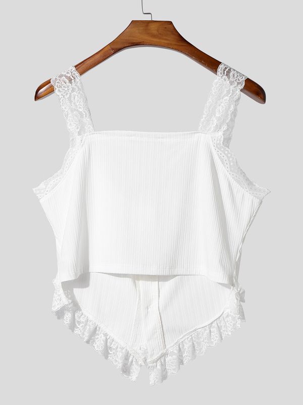 Men's Avant-Garde Lace Trim Ruffle Ribbed Knit Cropped Corset Cami Tank SKUL58763