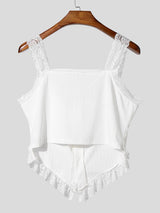 Men's Avant-Garde Lace Trim Ruffle Ribbed Knit Cropped Corset Cami Tank SKUL58763