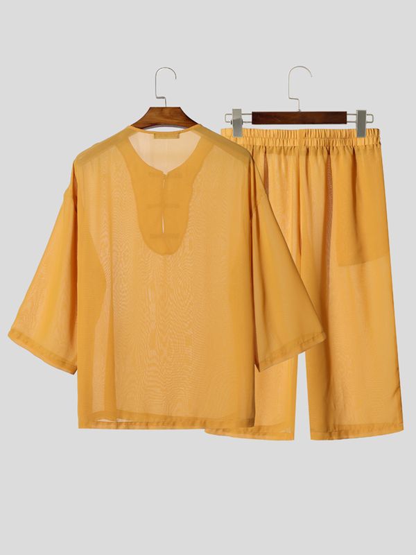 Men's New Chinese Style Sheer Frog-Button Two Pieces Outfit SKUL57733