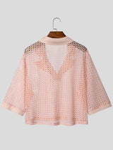 Men's Avant-Garde Sheer Mesh Notched Lapel Cropped Short Sleeve Shirt SKUL55513