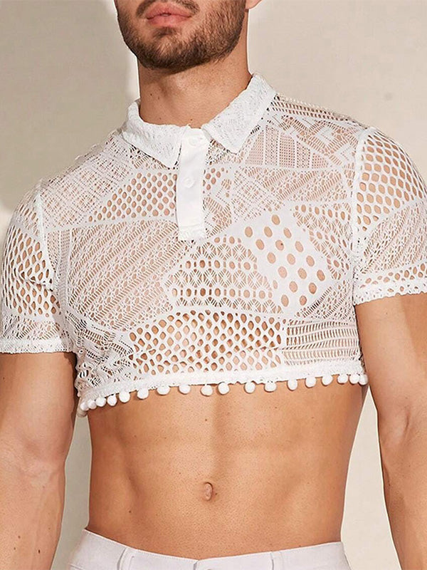 Mens Lace See Through Short Sleeve Crop Tops SKUK58191